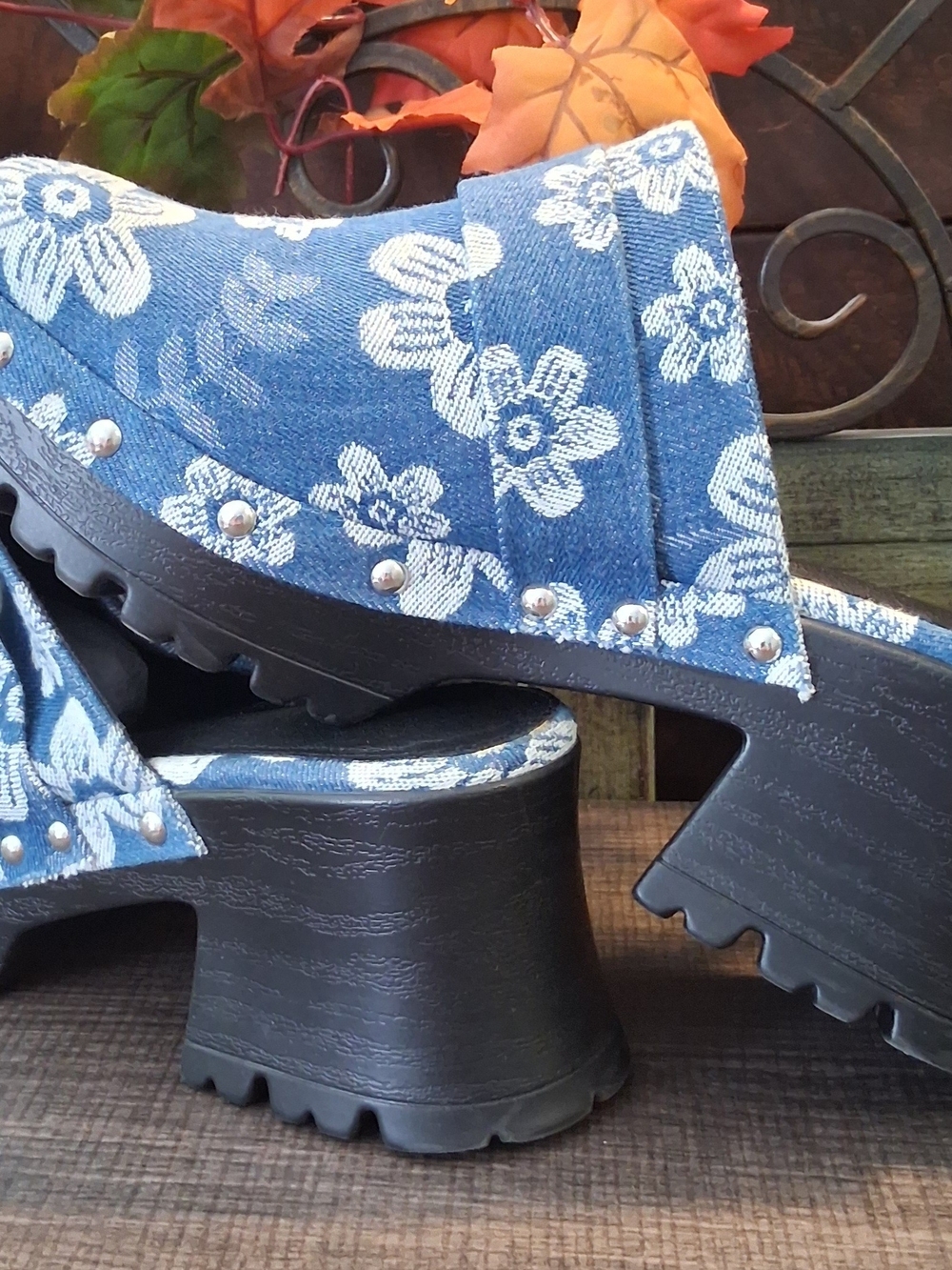 Dolls Kill Denim Floral Clogs